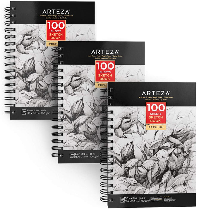Spiral Sketchbook, 100 Sheets, 14cm x 21.6cm - Pack of 3