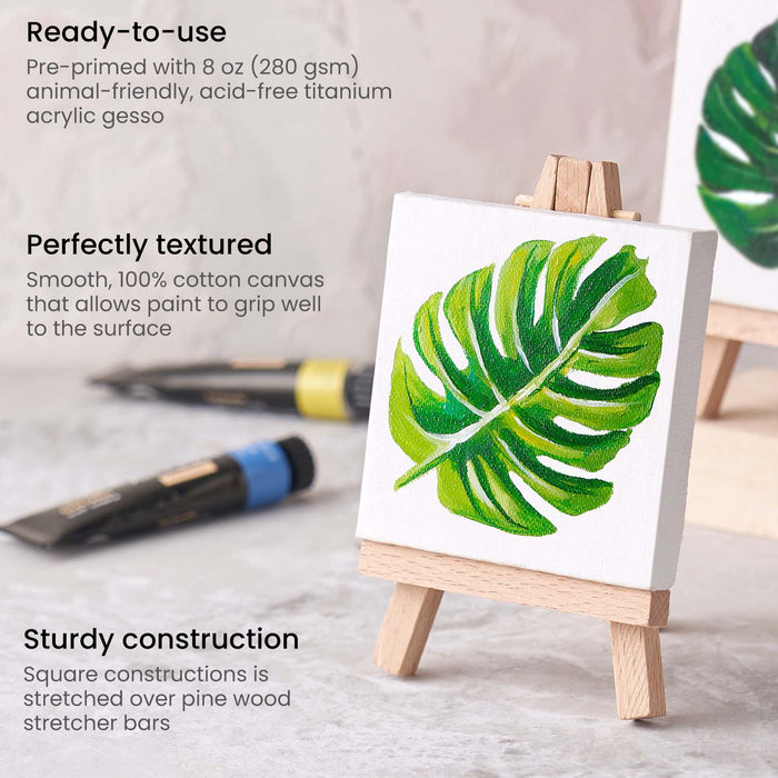 Mini Stretched Canvases with Easels, 7.6cm x 7.6cm - Pack of 14