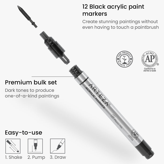 Acrylic Markers, Black, Fine Nib - 12 Pack