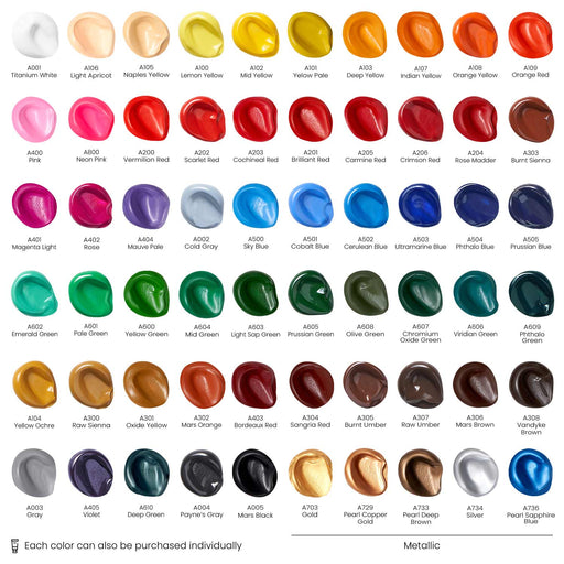 Acrylic Paint Set 22ml Tubes Set of 60 Color Chart