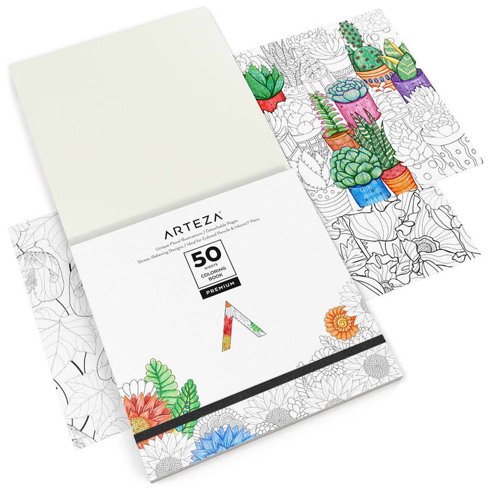 Colouring Book, 22.9 x 22.9 cm, Floral Illustrations, 50 Sheets