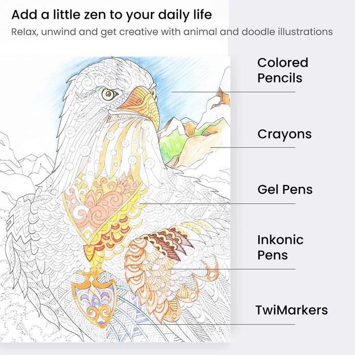 Colouring Book, Doodle & Animal Illustrations, Black Outlines, 144 Pages
