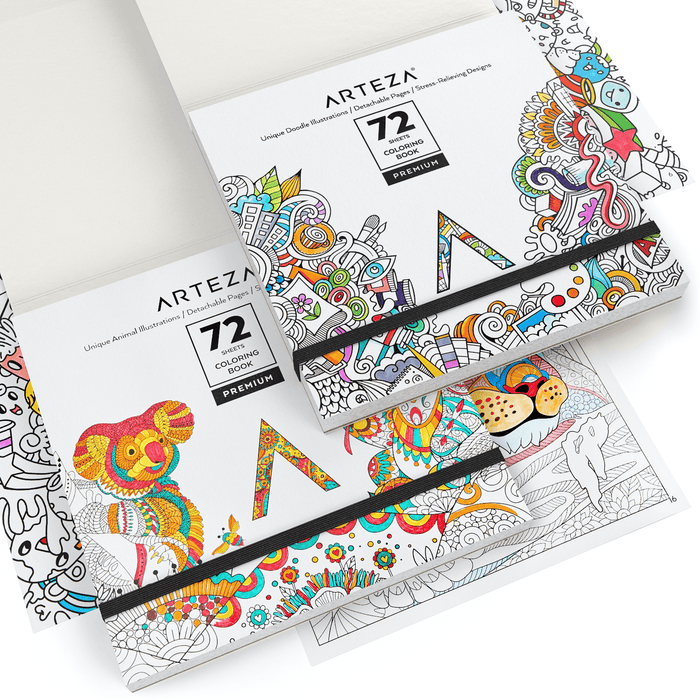 Colouring Book, Doodle & Animal Illustrations, Grey Outlines - Set of 2