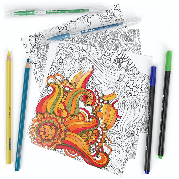 Colouring Book, Floral Illustrations, Black Outlines, 72 Pages