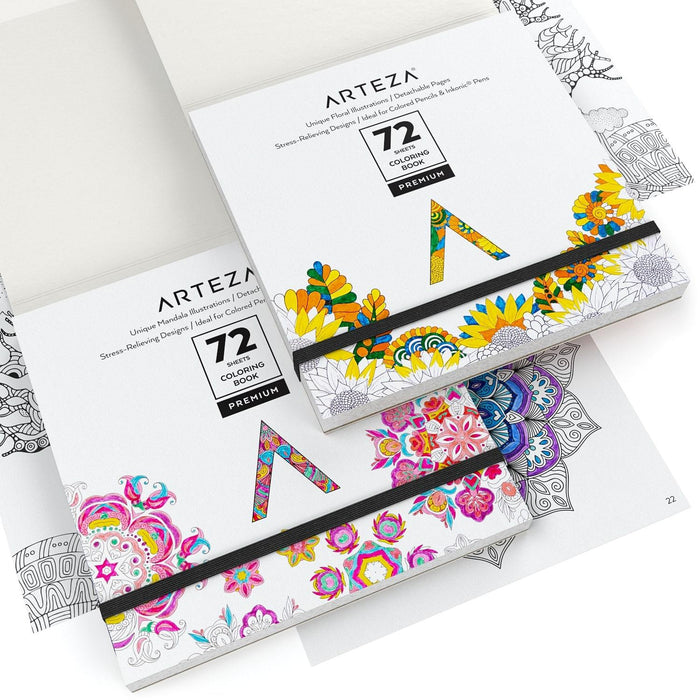 Colouring Books, Floral & Mandala Illustrations, Black Outlines, 72 sheets each - Set of 2