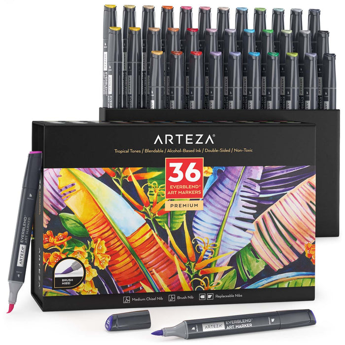 EverBlend™ Ultra Art Markers, Brush Nib, Tropical Tones - Set of 36