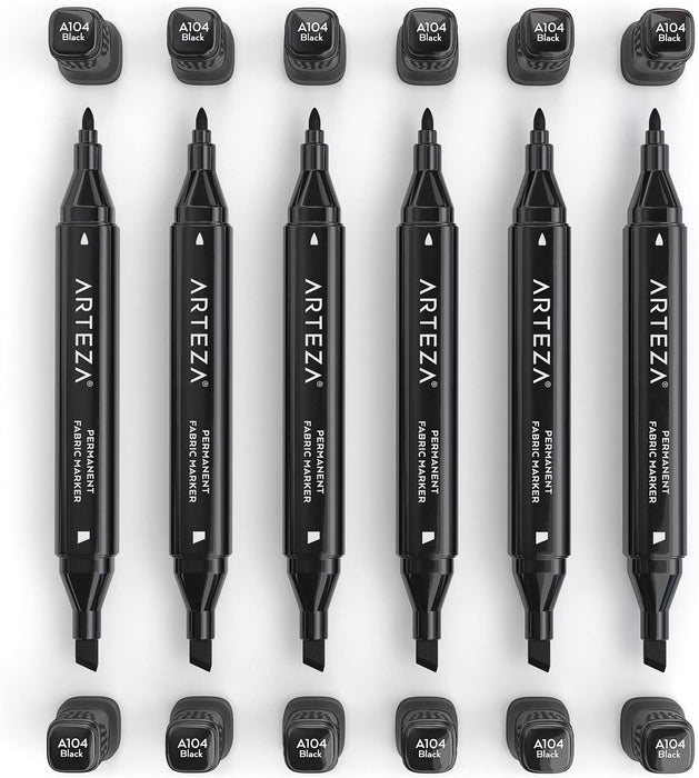 Fabric Markers, Black, Chisel & Fine Tip Dual-Tip - Pack of 6