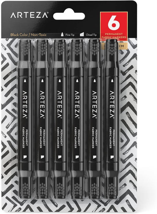 Fabric Markers, Black, Chisel & Fine Tip Dual-Tip - Pack of 6