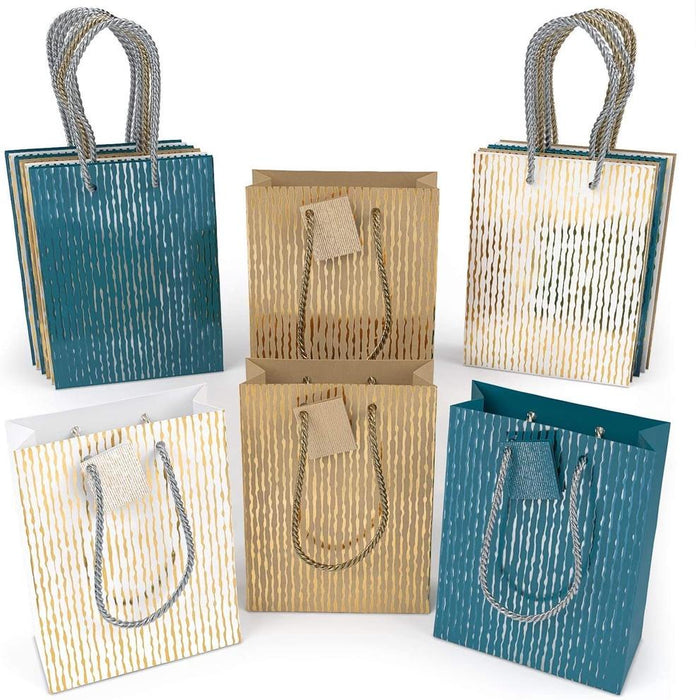 Gift Bags in Blue, White & Kraft with Textured Stripes - Set of 15
