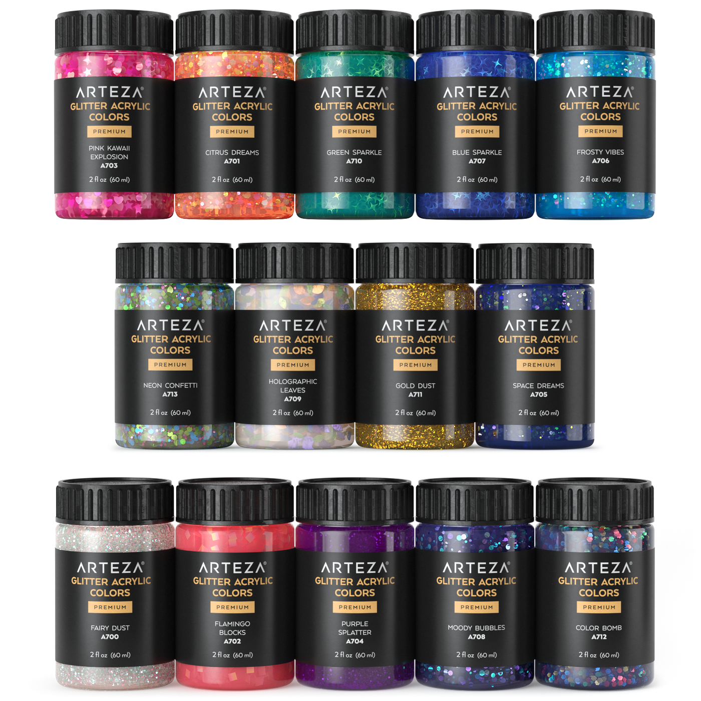 Glitter Acrylic Paint Set, Iridescent, 2 fl oz Bottles 14 Colours