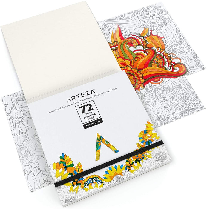 Colouring Book, Floral Illustrations, Grey Outlines, 72 Pages
