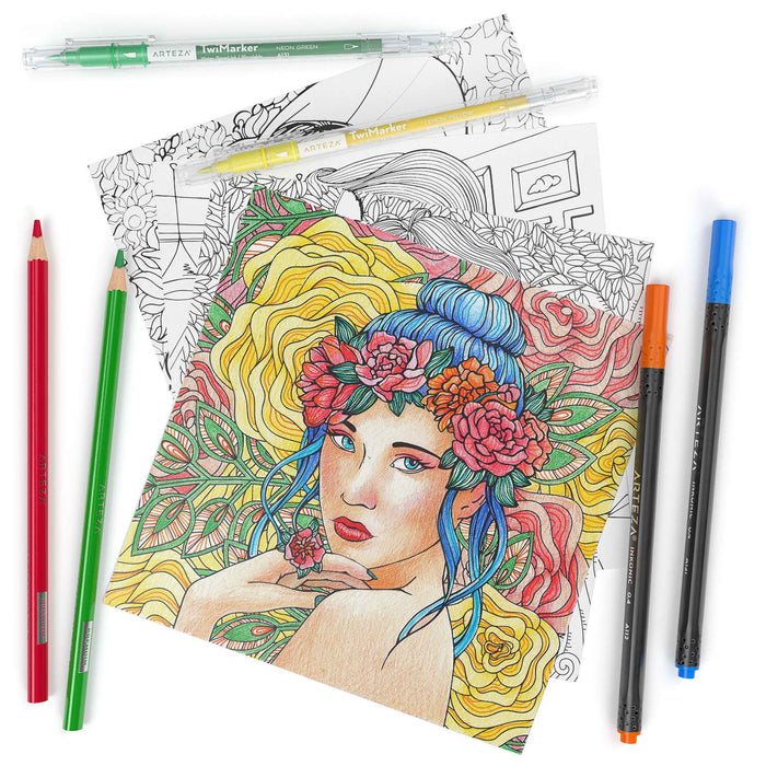 Arteza Portrait Illustrations Colouring Book Pages of a Girl