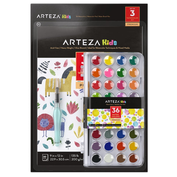 Kids Watercolour Kit - 36 Colours - Water Brush & Paper Pad - Set of 3
