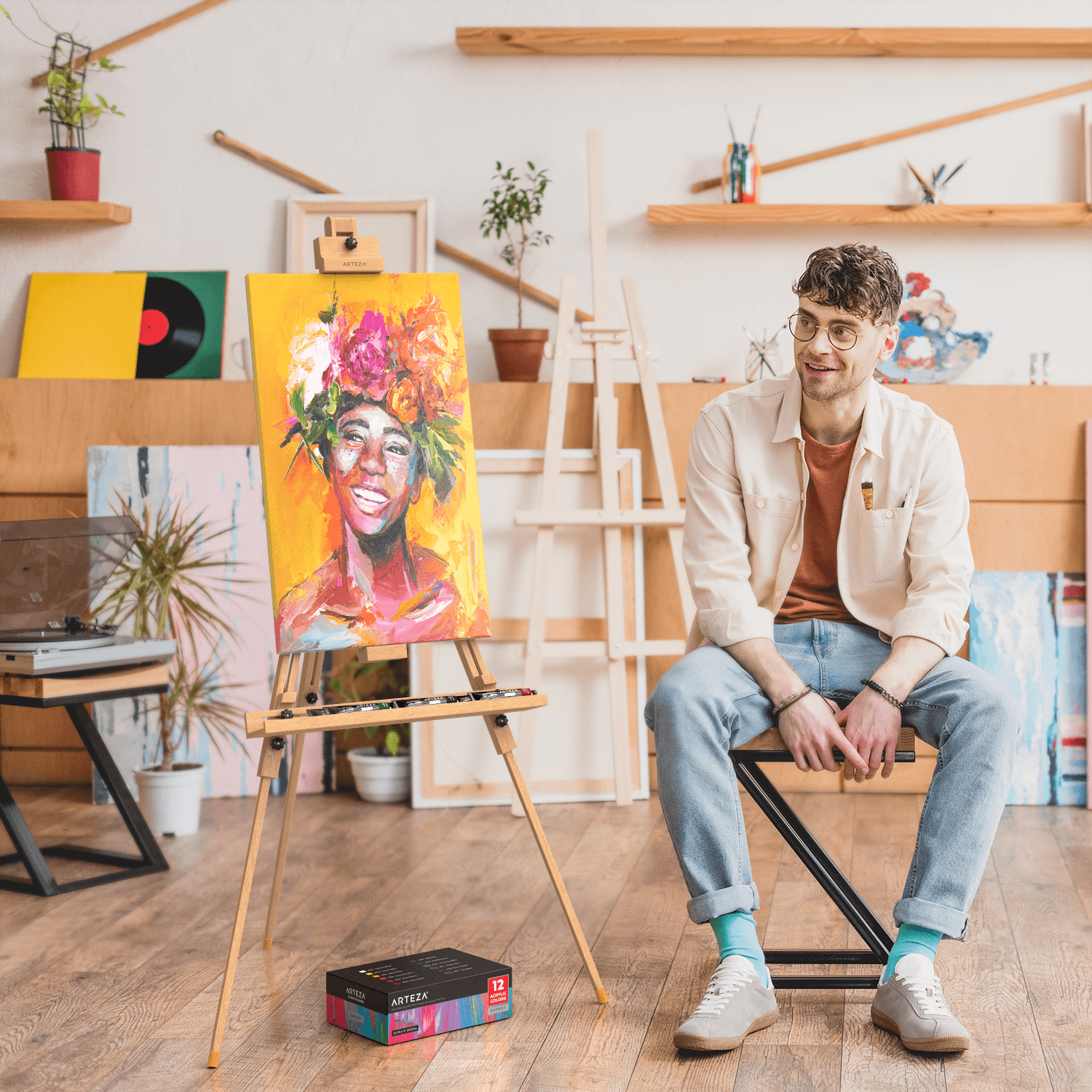 Artist with Large Wooden Tripod Easel