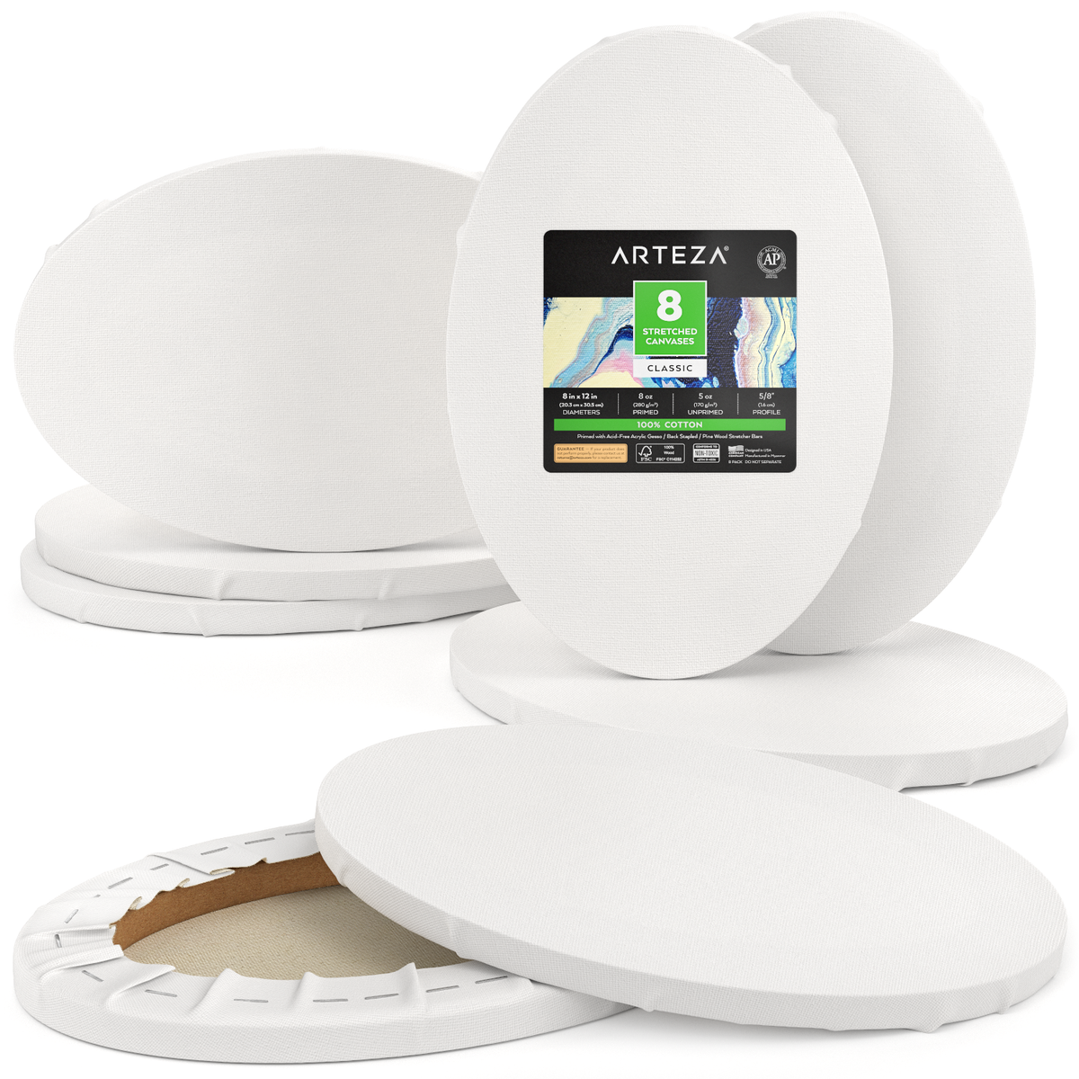 Oval Stretched Canvas, 20.3cm x 30.5cm - Pack of 8 — Arteza