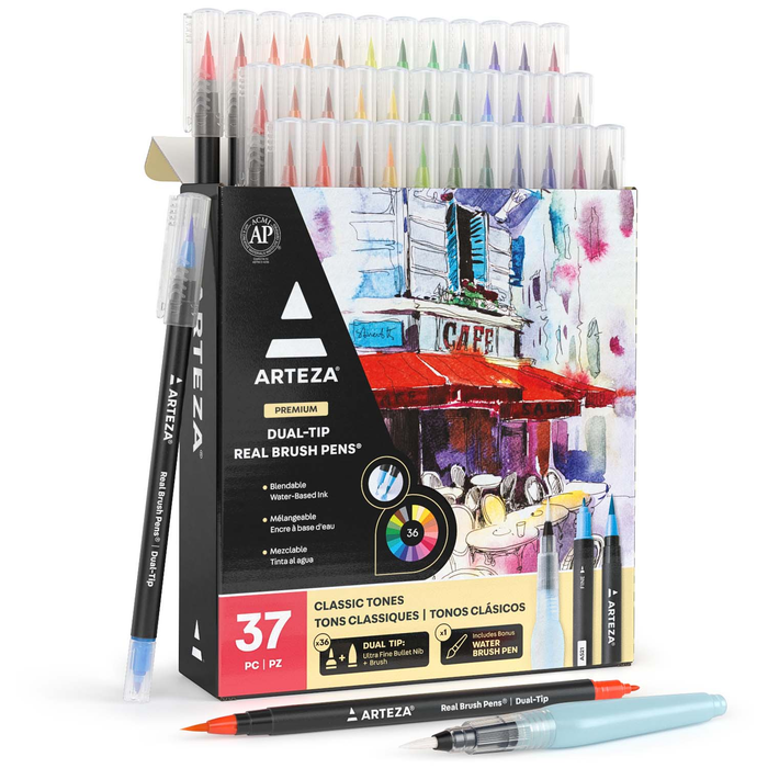  ARTEZA Dual Tip Brush Pens, 12 Pastel Colors, Watercolor  Calligraphy Markers, Nylon Brush and Fine Tip, Water-Based Ink, for  Illustration, Lettering