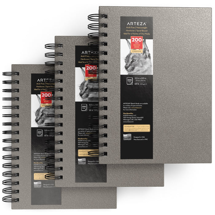 Sketchbooks, Grey Spiral Hardcover, 14cm x 21.6cm - Pack of 3