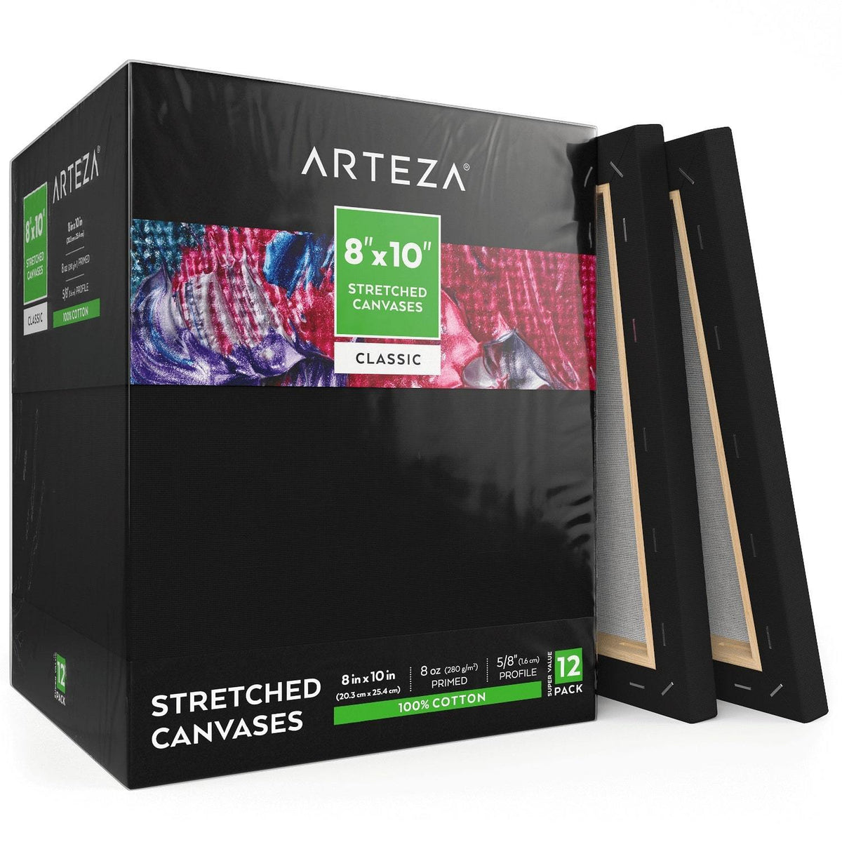 Arteza Stretched Canvas, Black, 12x12, Blank Canvas Boards for