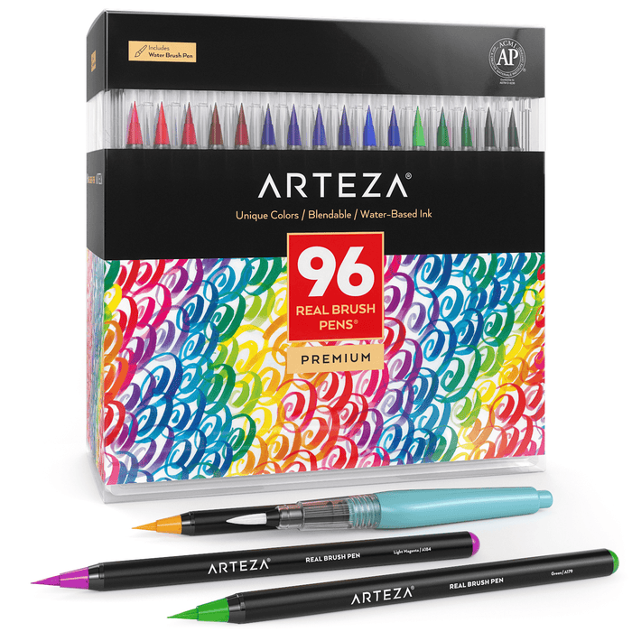 Arteza watercolor brush pens (96 count) color test, at their most pigmented  state, on Arteza cold pressed 300g/m3 paper : r/Watercolor
